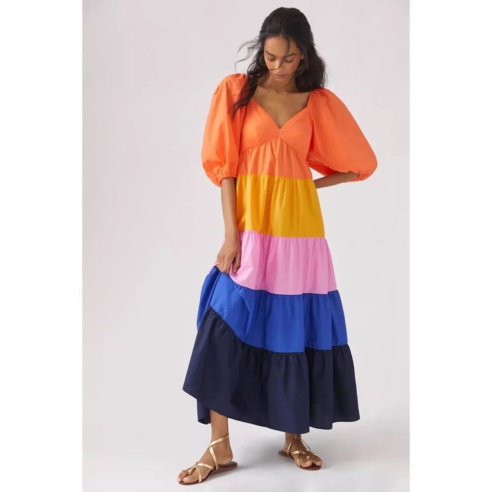Anthropologie Farm Rio Tiered Colorblocked Maxi Dress